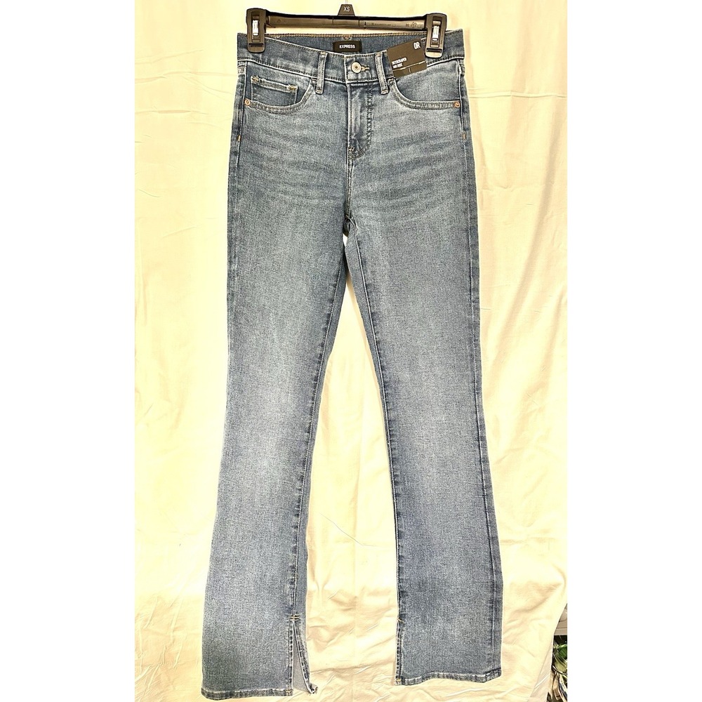 Express Skyscraper Mid Rise Side Slit Flare Jeans Womens 0R Light Wash Blue